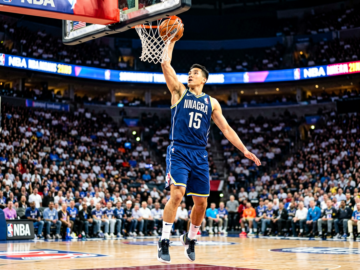 NBA篮球赛事新闻配图：篮球运动员在球场上完成扣篮动作，展现篮球运动的精彩瞬间