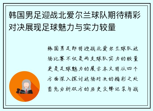 韩国男足迎战北爱尔兰球队期待精彩对决展现足球魅力与实力较量
