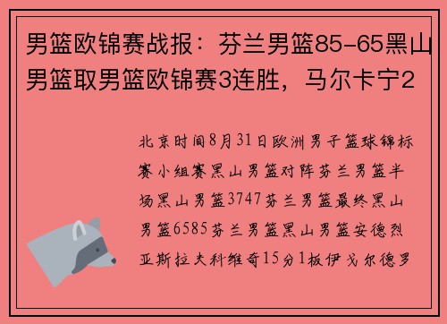 男篮欧锦赛战报：芬兰男篮85-65黑山男篮取男篮欧锦赛3连胜，马尔卡宁26+13+3